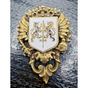 Vintage Heraldic Coat of Arms Standing Lions Laurels Fleur De Lis Brooch Pin